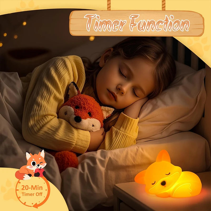 Squishy Fox Night Light – Rechargeable Silicone Lamp with Touch, Dimmable & Timer for Bedside & Breastfeeding