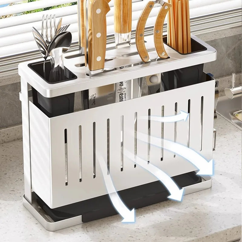 Kitchen Storage Rack Wall-Mounted Multifunctional Storage Knife Rack Detachable Stainless Steel With Multiple Brackets And Hooks