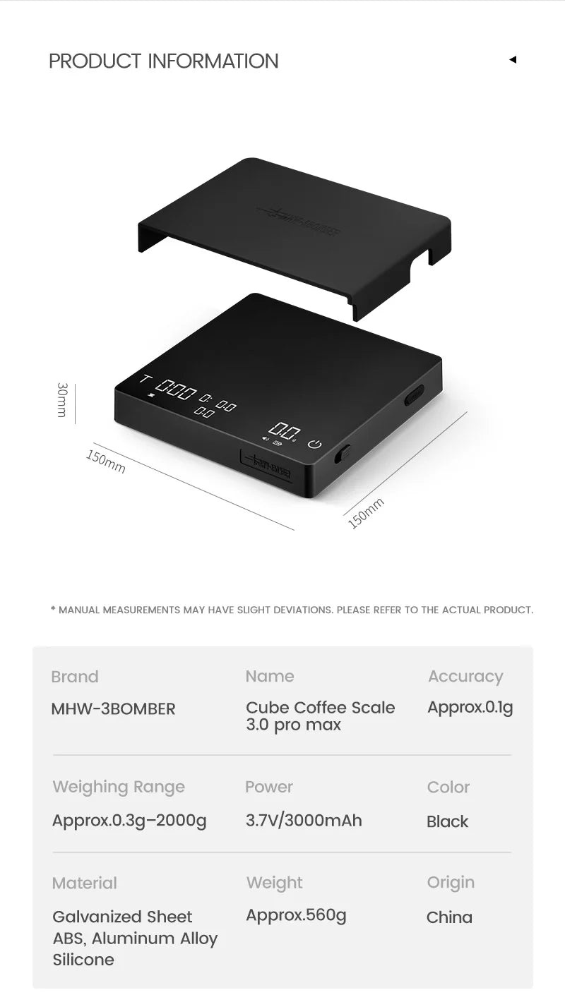 MHW-3BOMBER Digital Coffee Scale – High-Precision Rechargeable Espresso Kitchen Scale