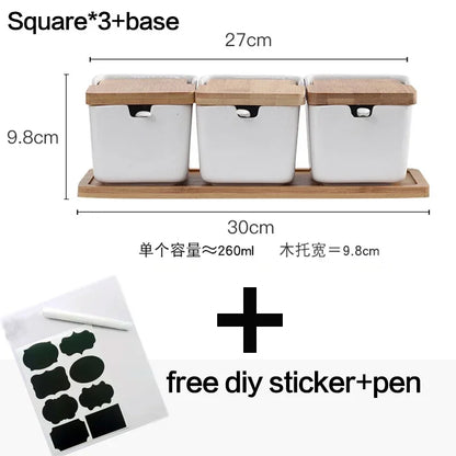 Kitchen Spice Rack Ceramic Wooden Lid Bamboo Tray Base Seasoning Pot Tool Porcelain Storage Container Set Convenient Salt Pepper