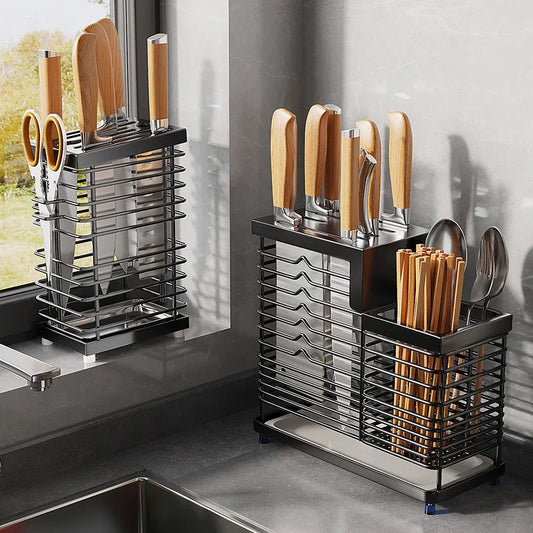Kitchen Knife Holders Storage Rack Household Stainless Stee Countertop Knife Spoon Chopstick Holder With Drain Tray