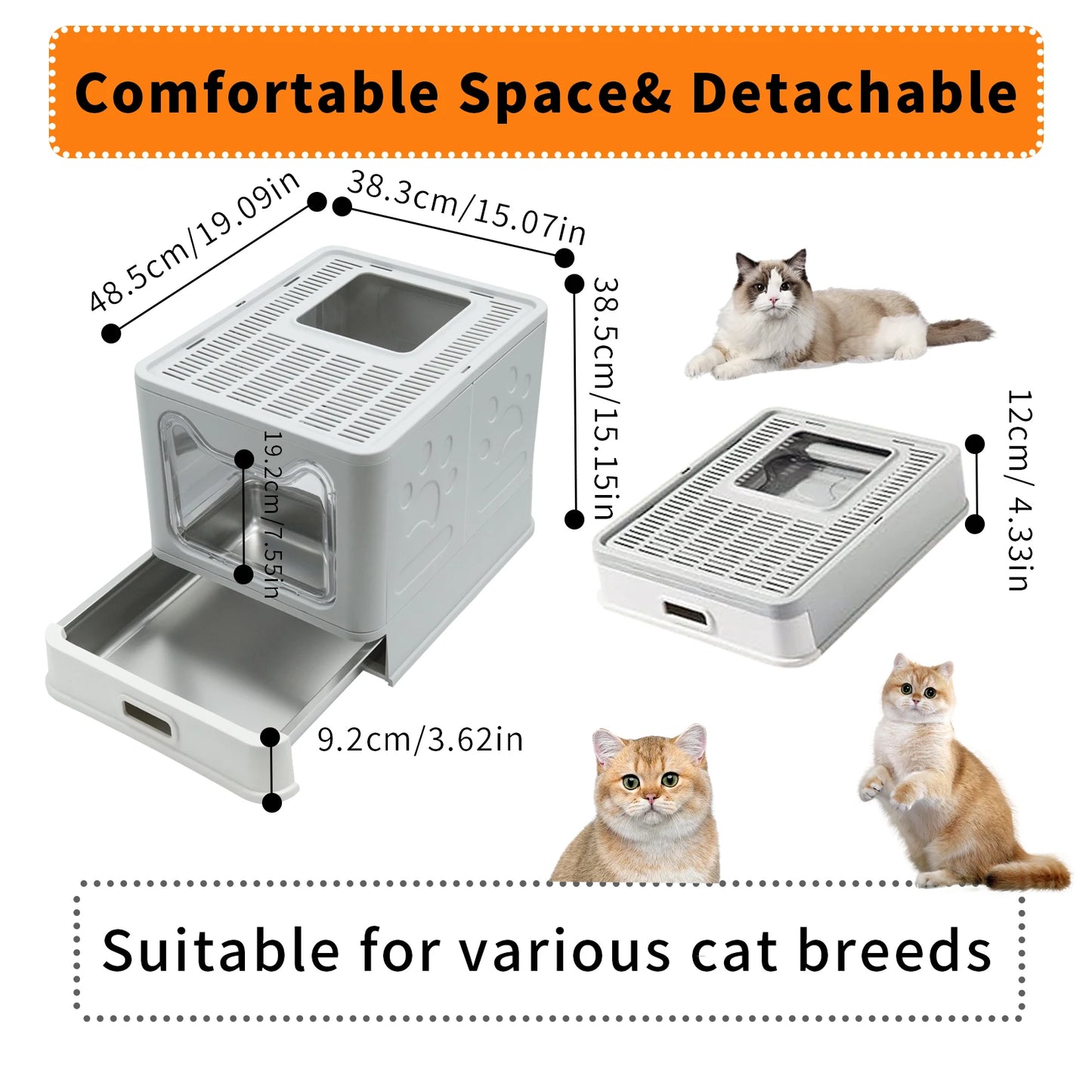 Stainless Steel Cat Litter Box with Lid – Front Entry & Top Exit, Easy-Clean Toilet with Scoop