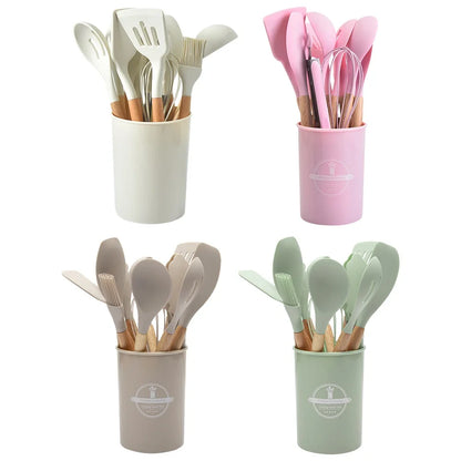 12Pcs Kitchen Utensil Set Silicone Spatula Set Wooden Handle Heat-Resistant Cookware Spatula Spoon Brush Whisk for Home Kitchen