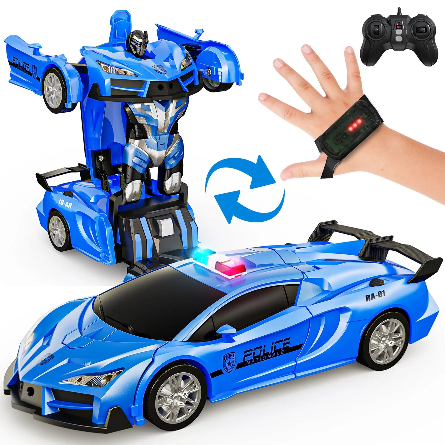 Gesture & Remote Control RC Police Car Toy – 2.4GHz, One-Button Robot Transformer with LED Lights
