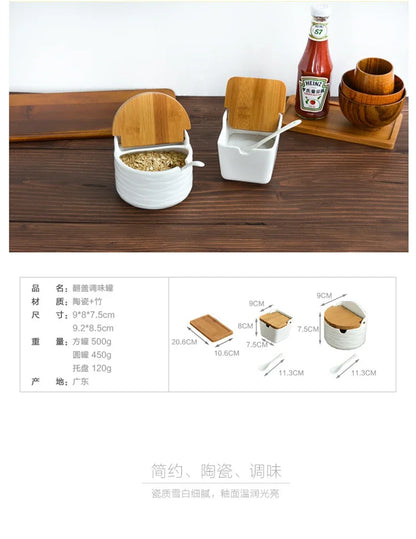 Kitchen Spice Rack Ceramic Wooden Lid Bamboo Tray Base Seasoning Pot Tool Porcelain Storage Container Set Convenient Salt Pepper