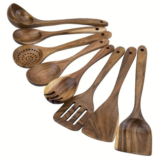Durable Acacia Wooden 8pcs Kitchen Utensil Set - Non-Stick Cookware Tools, Multi-Purpose Cooking Spoons And Spatulas Kit