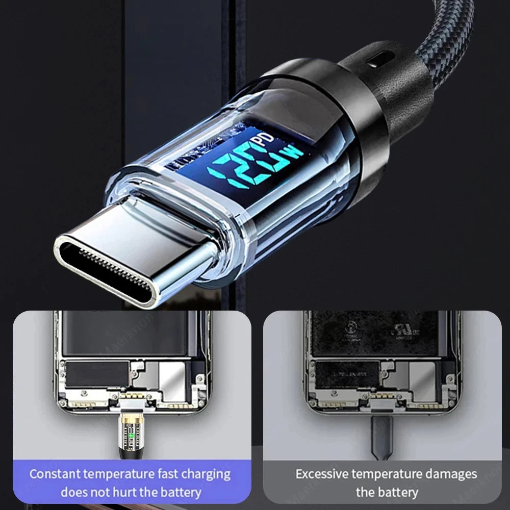 120W Super Fast Charging Cable – USB-A to USB-C & USB-C to USB-C with LED Display (Not Compatible with Xiaomi/iPhone/Samsung)