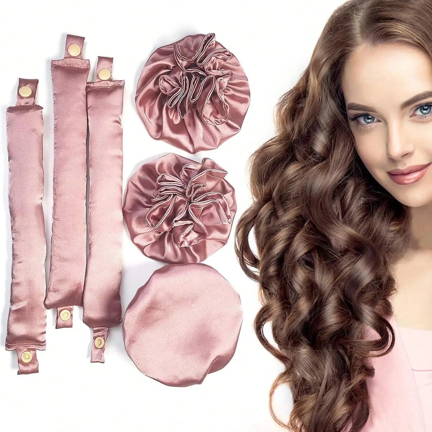 3-Piece Satin Heatless Curling Rod Set – Soft Overnight Curling Headband with Hair Caps for Long Hair