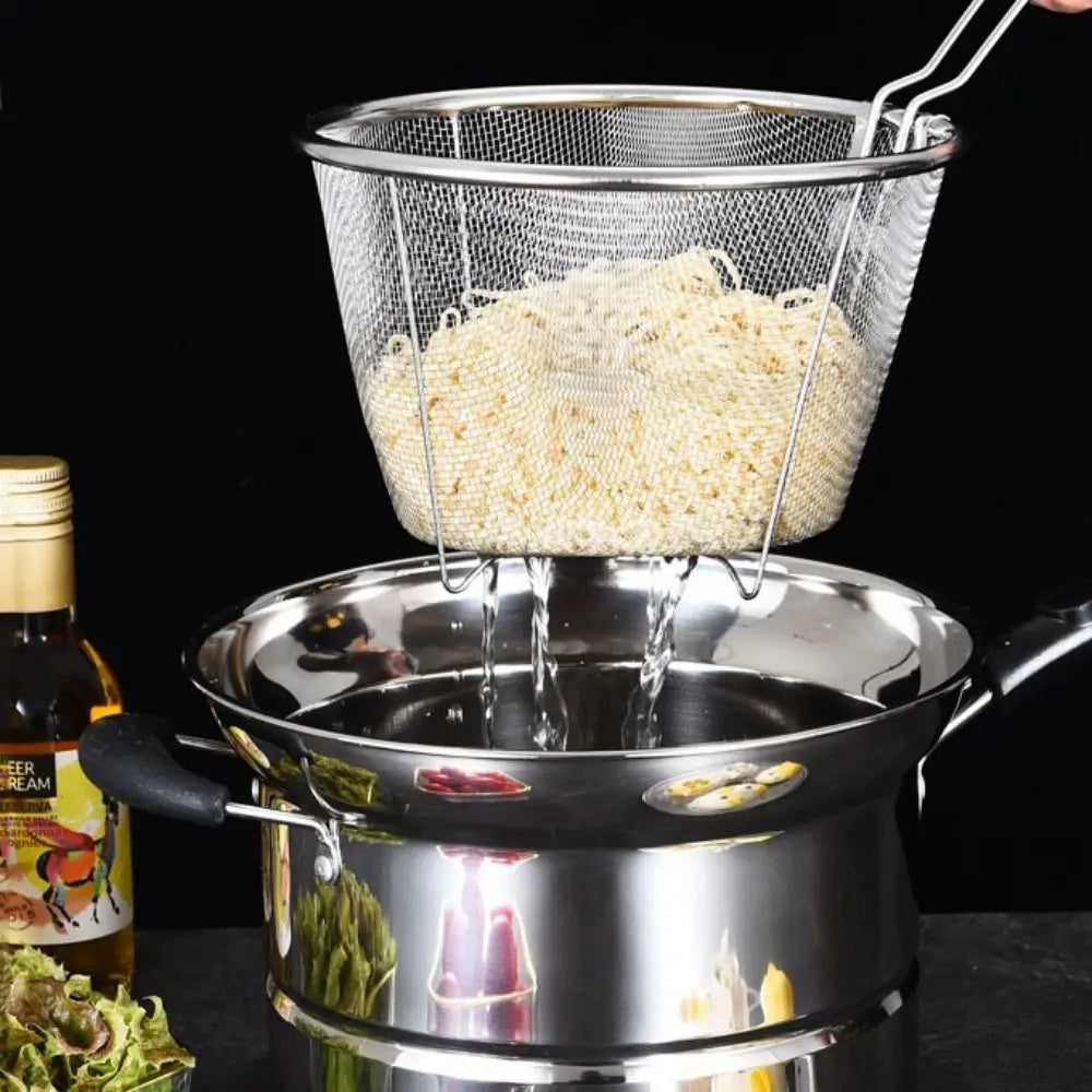 Kitchen Cookware Stainless Steel Deep Fryer Pot with Frying Basket and Steamer Japanese Pasta Pot Visible Lid Stockpot Noodle