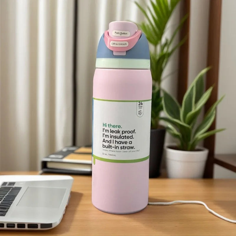 32oz Stainless Steel Vacuum Insulated Sports Water Bottle – Portable Handle & Straw for Outdoor Activities