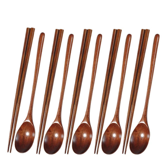 Teak Wooden Spoons and Chopsticks Set Non-Stick Spoons Soup-Teaspoon for Kitchen Cooking Utensil Tools