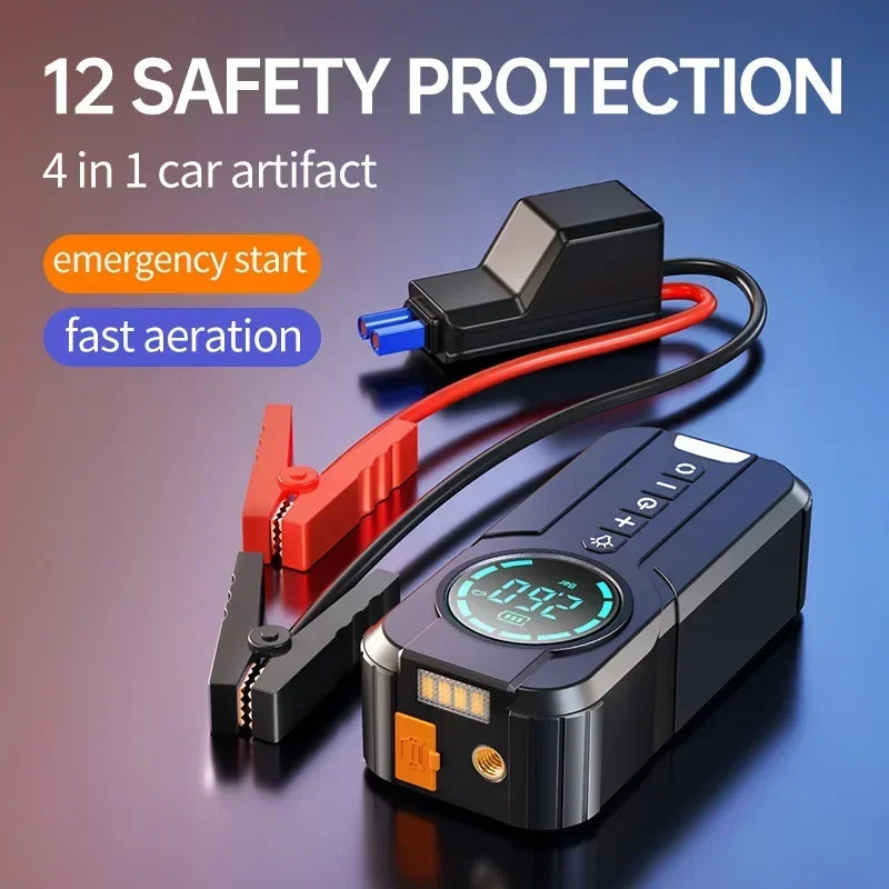 4-in-1 Portable Car Jump Starter with Air Compressor 2000A Peak, Tire Inflator, Power Bank, LED Light
