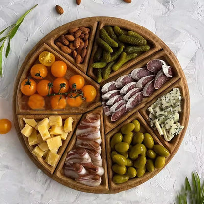 Round Divided Wooden Serving Tray – Snack, Fruit, Candy & Appetizer Platter