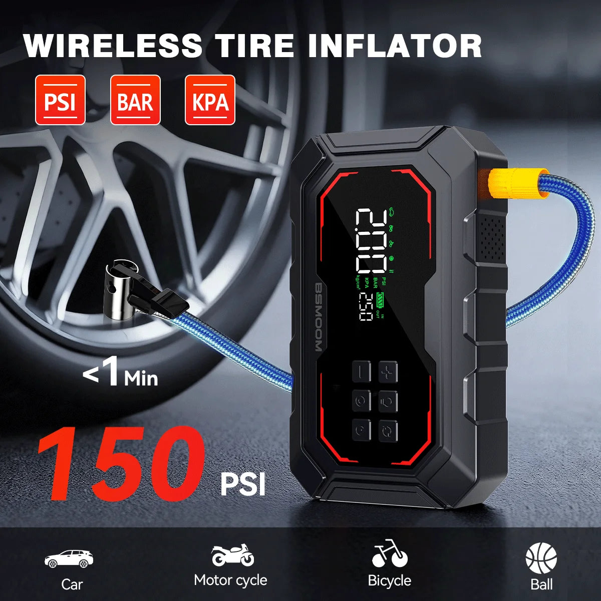 Portable Car Jump Starter with Air Compressor - 150PSI Tire Inflator, 2000A Peak Power Bank & Emergency Light