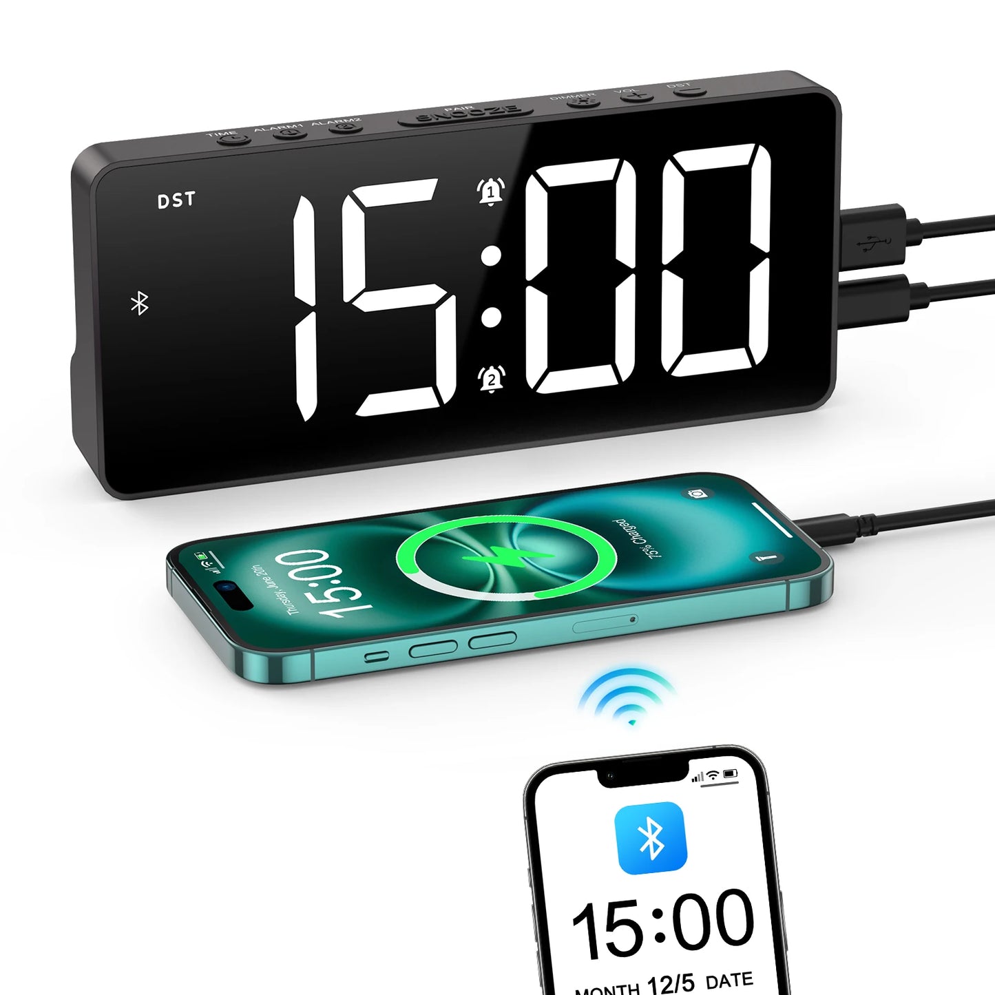 ORIA 7″ LED Digital Alarm Clock with Bluetooth – Auto Time Sync Bedside Clock for Home & Office