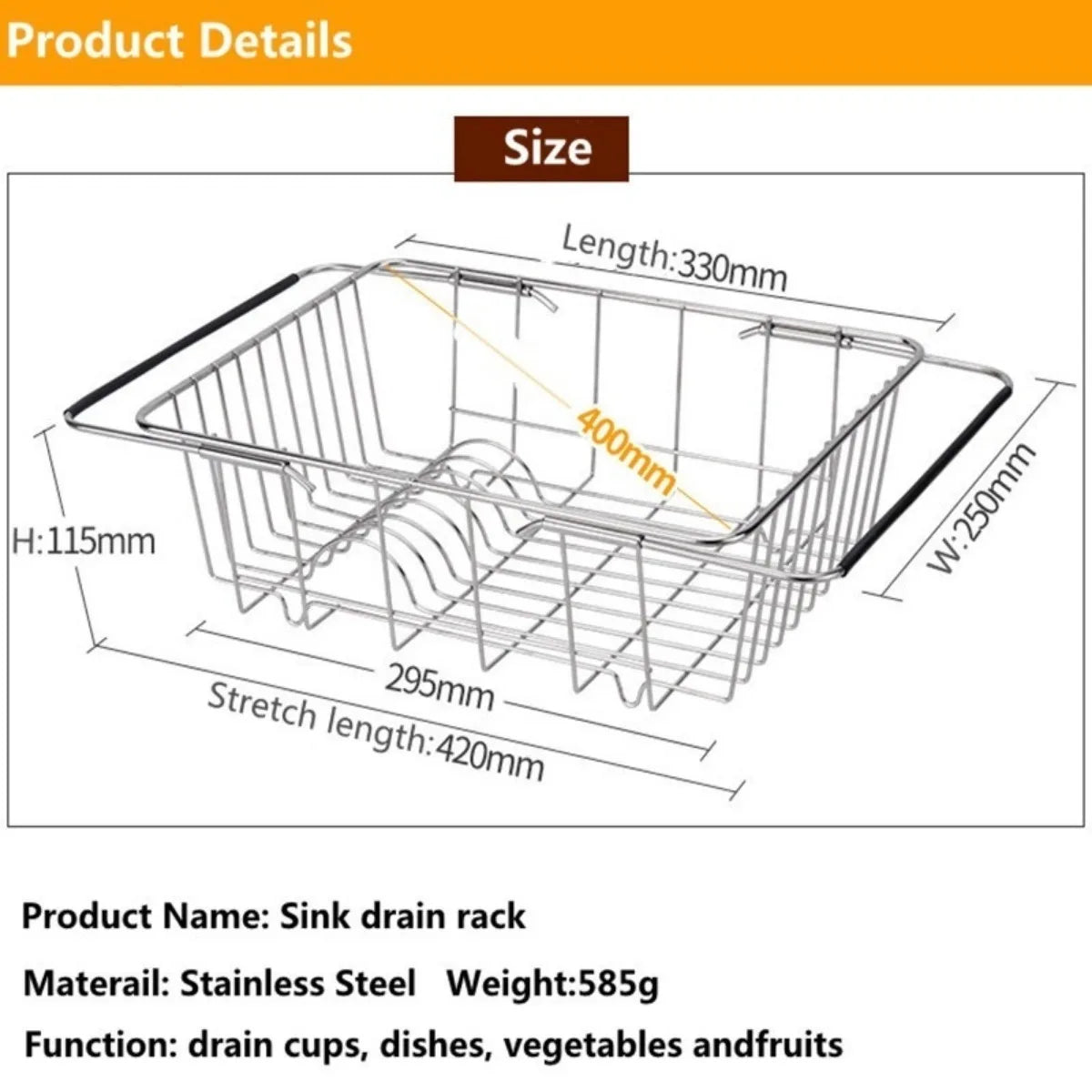 Kitchen Storage Organizer Drying Rack Sink Tray For Plates Bowl Cup Shelf Basket Adjustable Stainless Steel Dish Rack Drainer