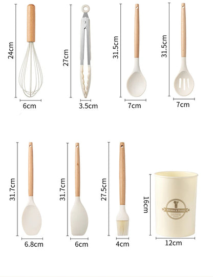 12 Pcs Silicone Kitchen Utensils Set Non Stick Silicone Cooking Utensil Set Heat Resistant Cookware with Wooden Handle JT558