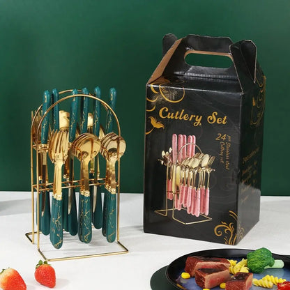 Fashion 24pcs Cutlery Set Stainless Steel Metal Gift Tableware Forks Spoons Kits Dinnerware Home School Kitchen