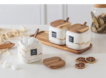 Japanese kitchen matte seasoning jar set, marble ceramic household combination seasoning box, salt and sugar, seasoning bottle.