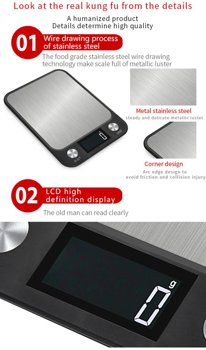 Kitchen Scale 15Kg/1g Weighing Food Coffee Balance Smart Electronic Digital Scales Stainless Steel Design for Cooking and Baking