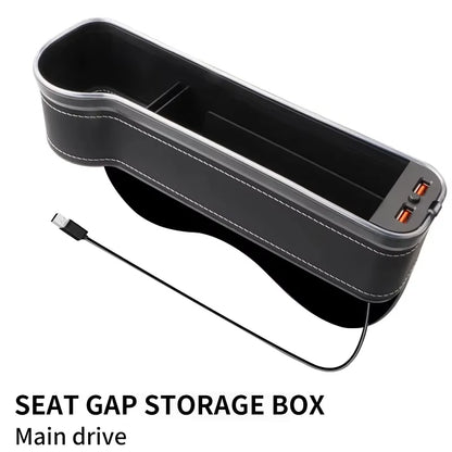 LED Car Seat Gap Organizer with 2 USB Chargers | Storage Box & Cup Holder