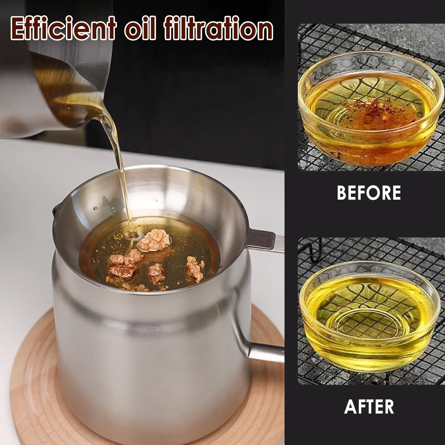 Kitchen Oil Strainer Stainless Steel Oil Filter Pot 1.5/2L Grease Oil Storage Can with Fine Mesh Strainer Strainer Fry Basket