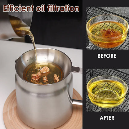 Kitchen Oil Strainer Stainless Steel Oil Filter Pot 1.5/2L Grease Oil Storage Can with Fine Mesh Strainer Strainer Fry Basket