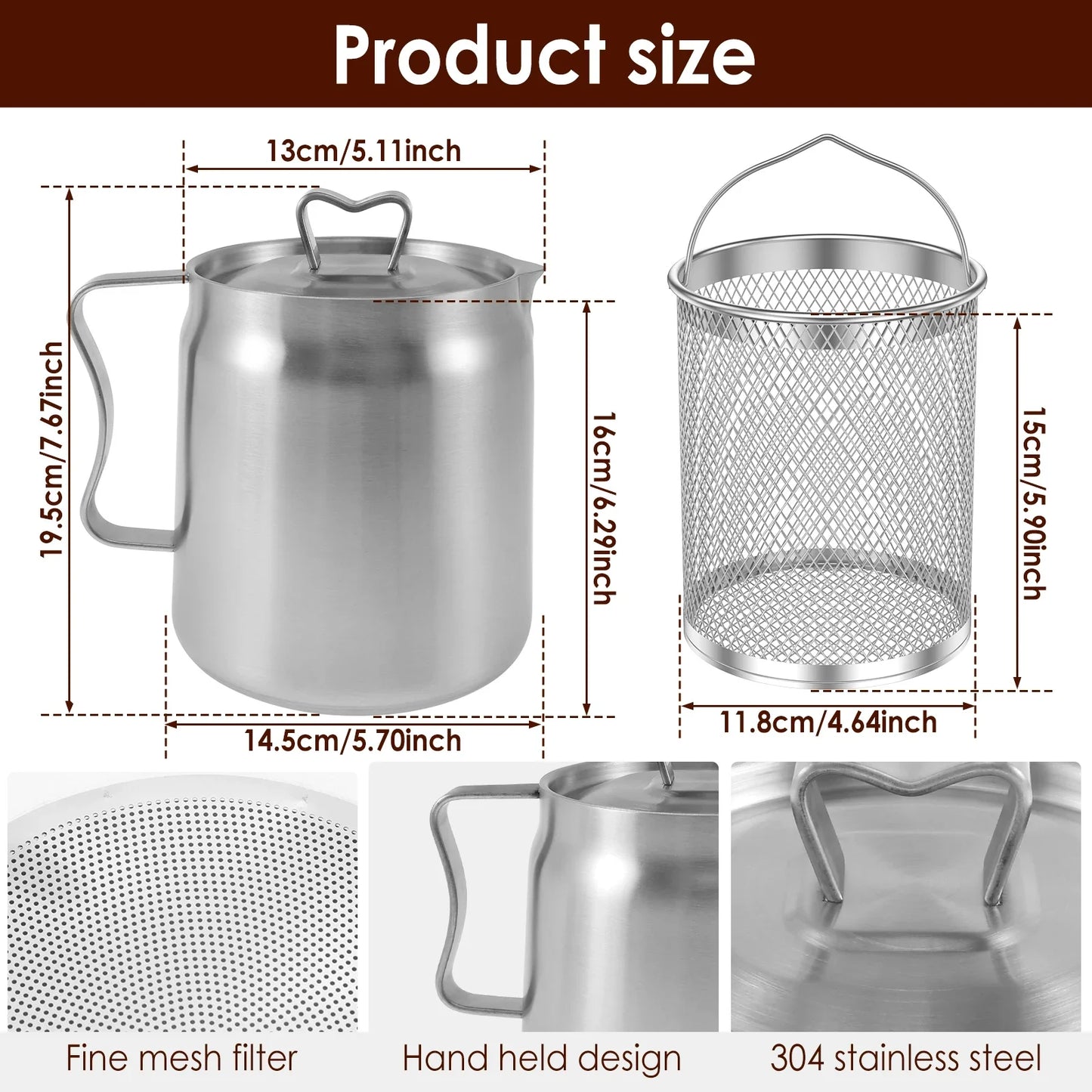 Kitchen Oil Strainer Stainless Steel Oil Filter Pot 1.5/2L Grease Oil Storage Can with Fine Mesh Strainer Strainer Fry Basket
