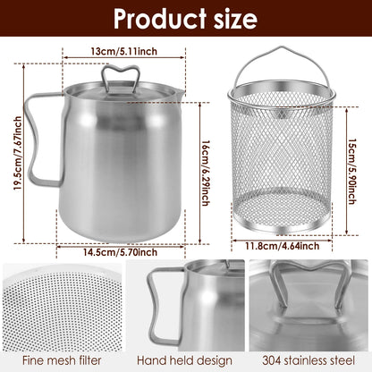 Kitchen Oil Strainer Stainless Steel Oil Filter Pot 1.5/2L Grease Oil Storage Can with Fine Mesh Strainer Strainer Fry Basket