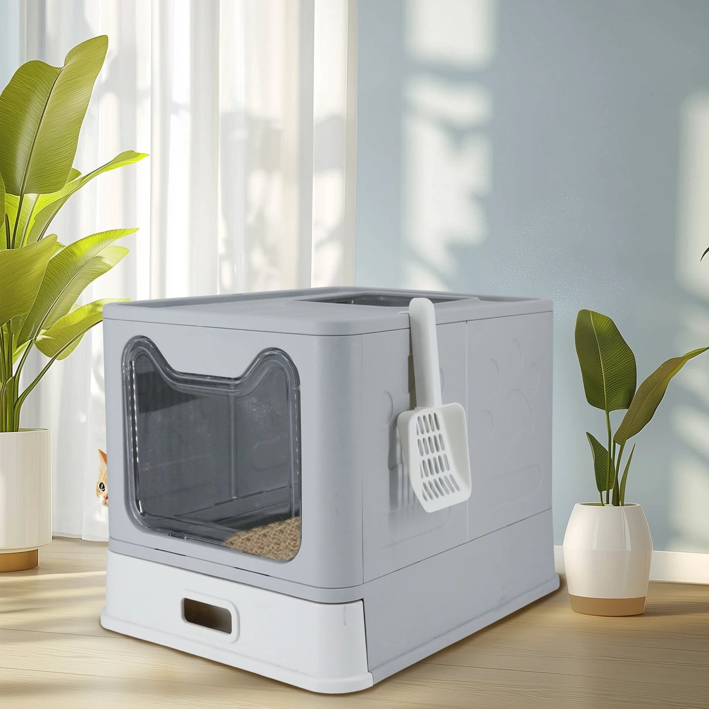 Stainless Steel Cat Litter Box with Lid – Front Entry & Top Exit, Easy-Clean Toilet with Scoop