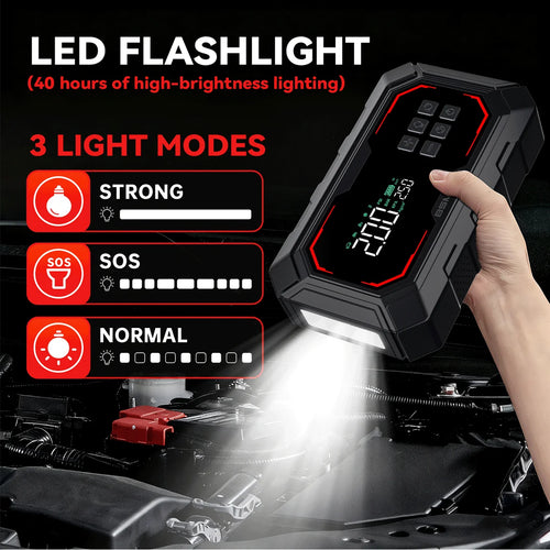 Portable Car Jump Starter with Air Compressor - 150PSI Tire Inflator, 2000A Peak Power Bank & Emergency Light