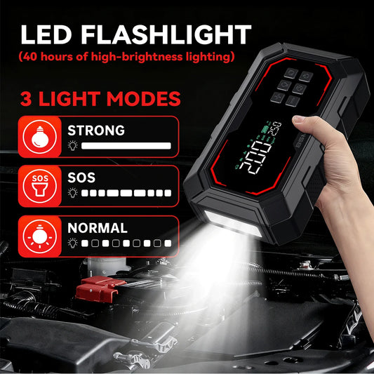 Portable Car Jump Starter with Air Compressor - 150PSI Tire Inflator, 2000A Peak Power Bank & Emergency Light