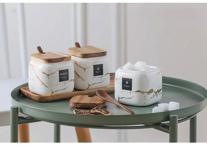 Japanese kitchen matte seasoning jar set, marble ceramic household combination seasoning box, salt and sugar, seasoning bottle.