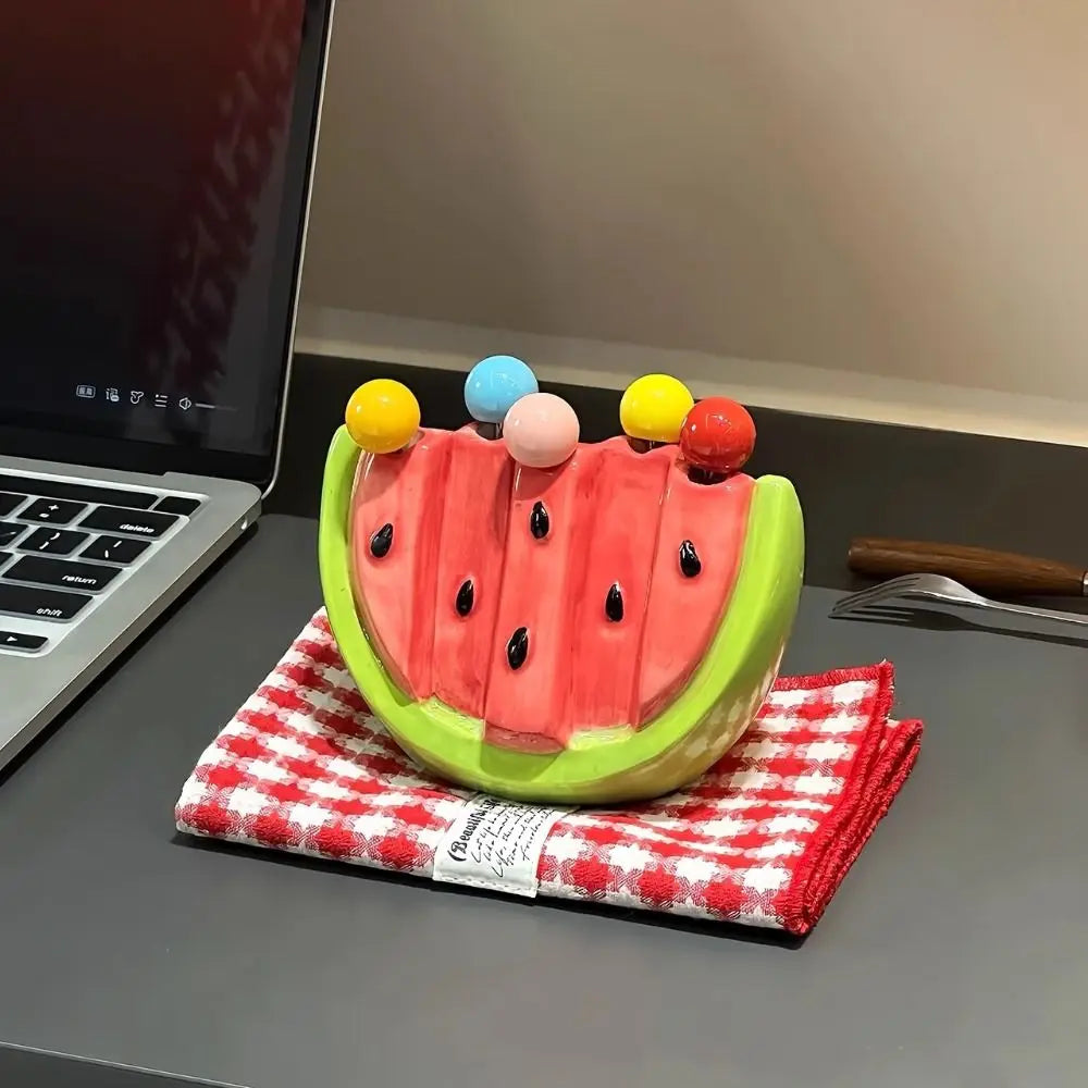Kitchen Supplies Stainless Steel Watermelon Fruit Fork Cute Creative Dessert Cake Fork Safety with Storage Can Fruit Stick Kids