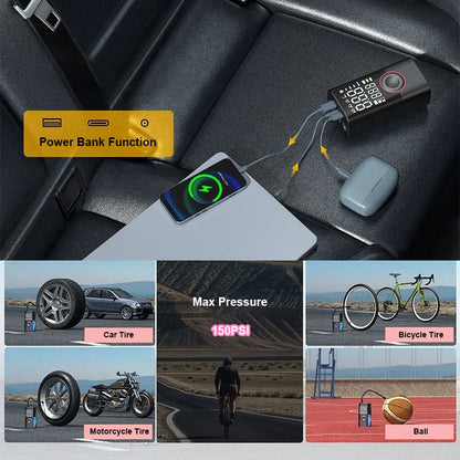LEIBOO 150PSI Smart Air Pump – Portable Tire Inflator with Digital Pressure Gauge for Car, Bike, Motorcycle & Ball