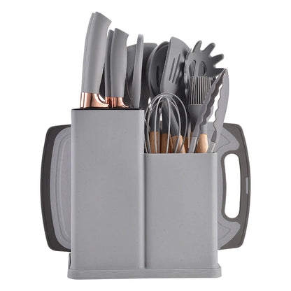 Silicone kitchenware set,19-piece cooking wooden handle scoop,non-stick pan multi-functional integrated knife storage bucket