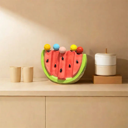 Kitchen Supplies Stainless Steel Watermelon Fruit Fork Cute Creative Dessert Cake Fork Safety with Storage Can Fruit Stick Kids