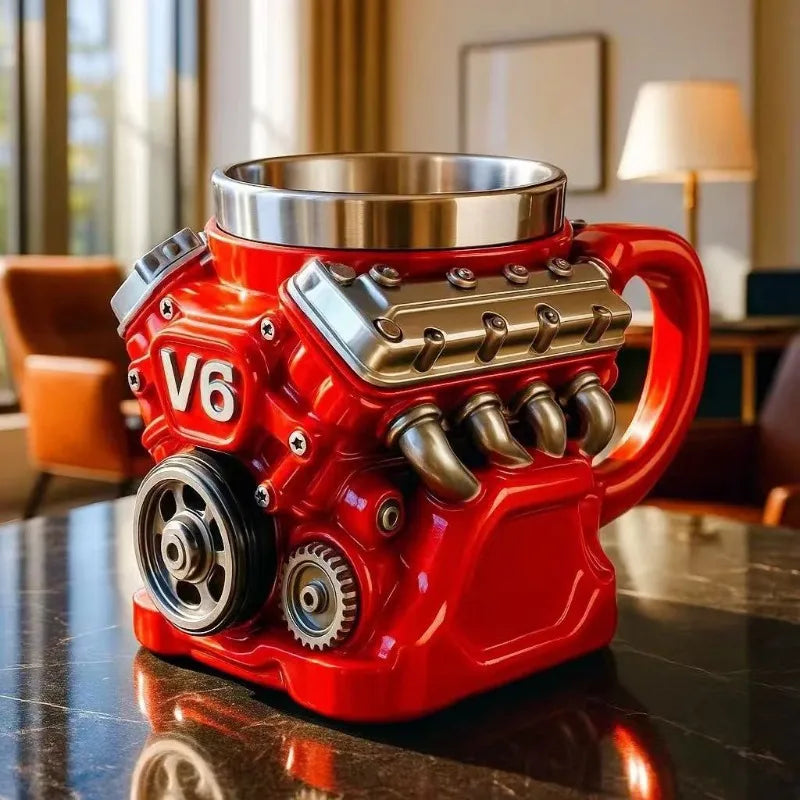 Stainless Steel V8 Engine Coffee Mug – Funny Car Engine Design Tea & Cocktail Cup for Car Enthusiasts