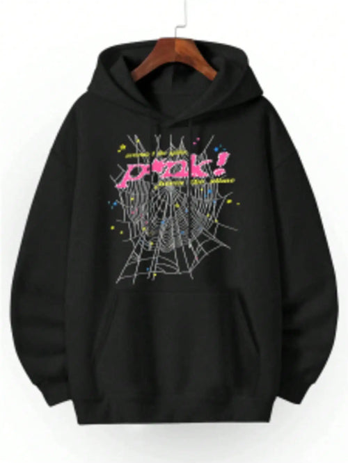 Spiderweb Graphic Hoodie | Y2K Aesthetic Unisex Sweatshirt, Pink Text