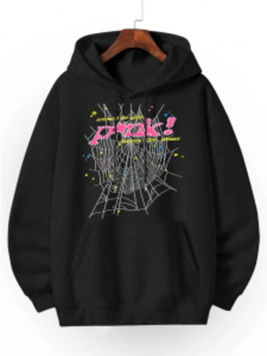 Spiderweb Graphic Hoodie | Y2K Aesthetic Unisex Sweatshirt, Pink Text