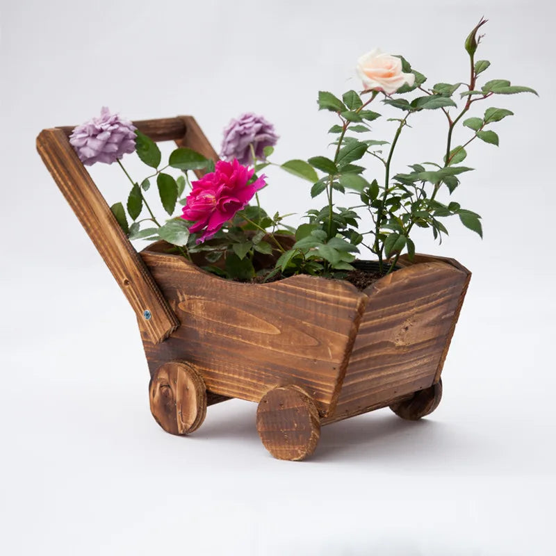 Wooden Wheelbarrow Flowerpot – Rustic Succulent Planter, Mini Garden Decor for Home Bedroom Window Shelf