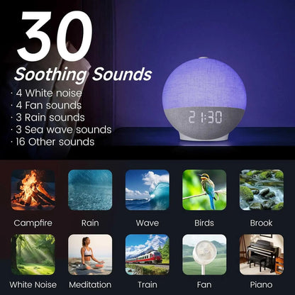 Sunrise Wake-Up Alarm Clock with Sound Machine – White Noise, Bluetooth Speaker, 30 Sleep Sounds for Heavy Sleepers