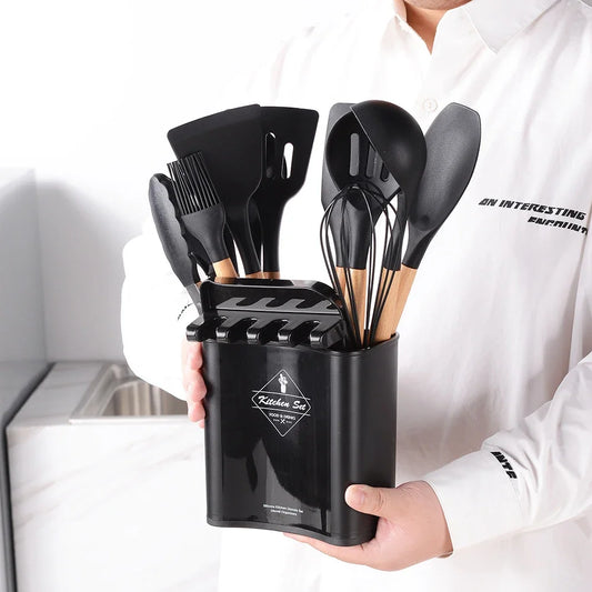 13Pcs Ilicone Kitchen Utensils Spatula Shovel Soup Spoon Cooking Tool with Storage Bucket Non-Stick Wood Handle Kitchen Gadgets