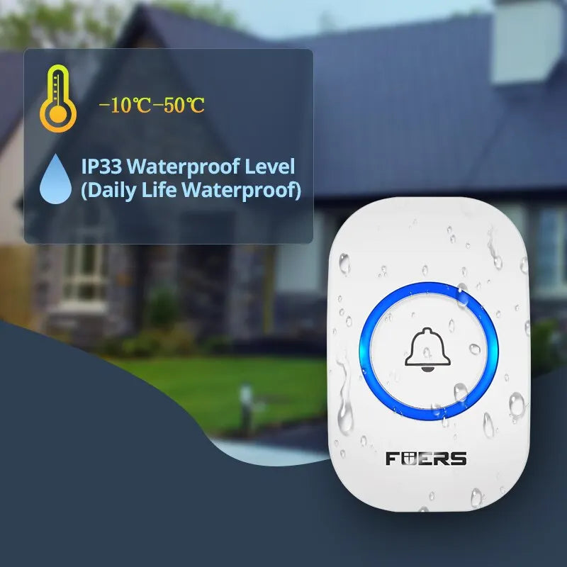 Fuers Wireless Doorbell – Waterproof Smart Chime with 32 Tunes, Battery-Powered for Home, Store & Hotel