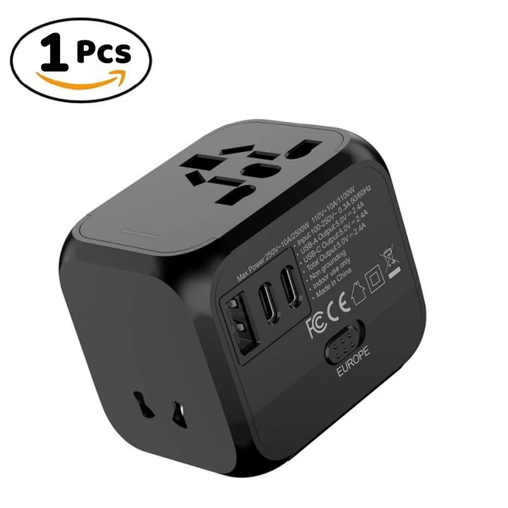 Universal Travel Adapter | EU UK USA Plug Converter with USB-C Charger