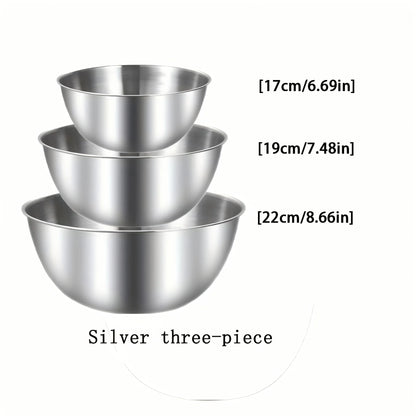 A set of three stainless steel bowls for mixing, kneading dough, and serving salads, suitable for kitchen use.