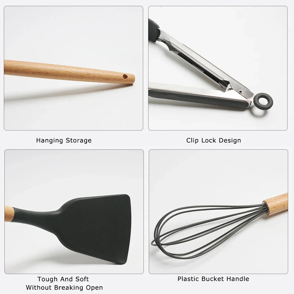 Silicone Kitchen Utensils Set, Non - stick Spatula Shovel, Wooden Handle Cooking Tools, Kitchen Accessories Tool, 9/11/12Pc