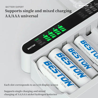 12-Slot AA/AAA Battery Charger – 1.2V Smart Fast Charge & Discharge LCD Recharger for Ni-MH Batteries