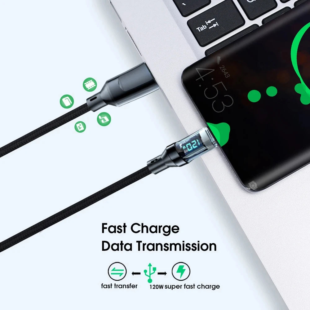 120W Super Fast Charging Cable – USB-A to USB-C & USB-C to USB-C with LED Display (Not Compatible with Xiaomi/iPhone/Samsung)