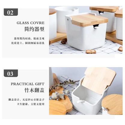 Kitchen Spice Rack Ceramic Wooden Lid Bamboo Tray Base Seasoning Pot Tool Porcelain Storage Container Set Convenient Salt Pepper